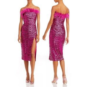 NWT Amanda Uprichard Liz Feather Trim Strapless Sequin Dress in Hot Pink Size XL